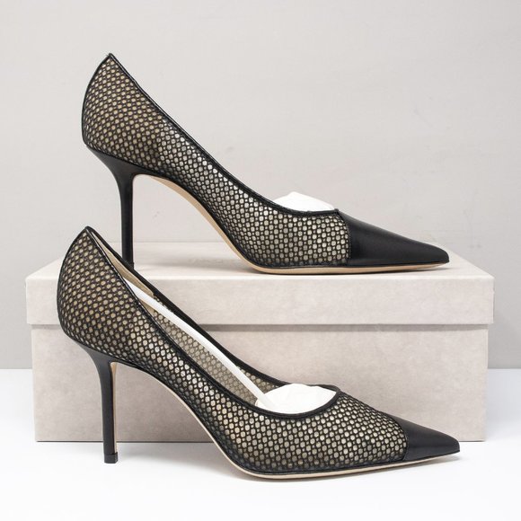 Jimmy Choo Love 85 Black Asymmetrical Mesh Leather Heels (Multiple Sizes) - Picture 2 of 8